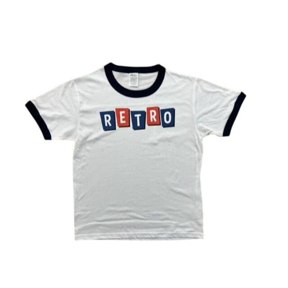 Retro Ringer T-Shirt With Bold Lettering & Navy Accents NEW NWT
